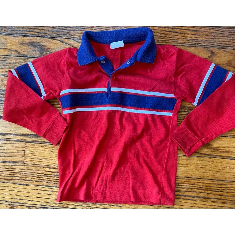 Vintage USA 70’s Donmoor Long Sleeve Shirt Polo Boys Sz 6 Red White Blue